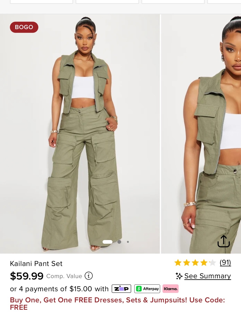 FASHION NOVA Kailani Olive Cargo Vest & wide leg Pant Set XL